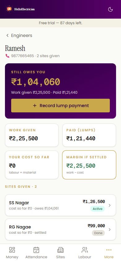 Engineer view showing work given, amount paid, and the balance still owed